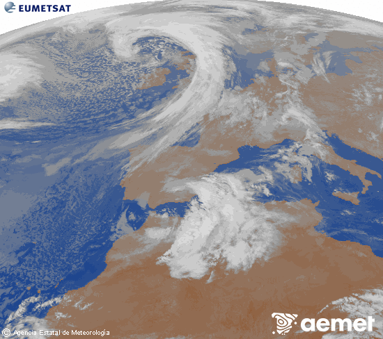 Imagen de la zona de Europa y Norte de �frica del canal infrarrojo del sat�lite Meteosat operacional en 0�N 0�W, procesada para darle color.&nbsp;dimecres, 11 de mar�  2026 01:00