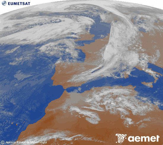 Imatge de la zona d'Europa i Nord d'�frica del canal infraroig del sat�l�lit Meteosat operacional en 0�N 0�W, processada per a donar-li color.&nbsp;dimecres, 11 de mar�  2026 19:00