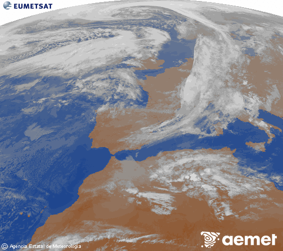 Imatge de la zona d'Europa i Nord d'�frica del canal infraroig del sat�l�lit Meteosat operacional en 0�N 0�W, processada per a donar-li color.&nbsp;dimecres, 11 de mar�  2026 20:00