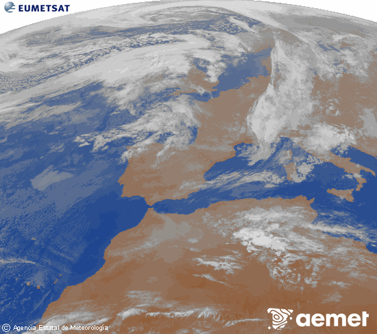 Imatge de la zona d'Europa i Nord d'�frica del canal infraroig del sat�l�lit Meteosat operacional en 0�N 0�W, processada per a donar-li color.&nbsp;dimecres, 11 de mar�  2026 23:00