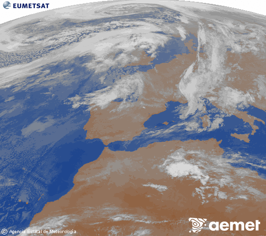Imatge de la zona d'Europa i Nord d'�frica del canal infraroig del sat�l�lit Meteosat operacional en 0�N 0�W, processada per a donar-li color.&nbsp;dijous, 12 de mar�  2026 01:00