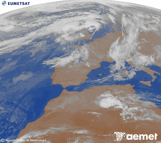Imatge de la zona d'Europa i Nord d'�frica del canal infraroig del sat�l�lit Meteosat operacional en 0�N 0�W, processada per a donar-li color.&nbsp;dijous, 12 de mar�  2026 02:00