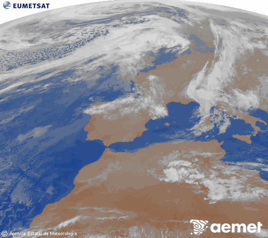 Imagen de la zona de Europa y Norte de �frica del canal infrarrojo del sat�lite Meteosat operacional en 0�N 0�W, procesada para darle color.&nbsp;jeudi, 12 mars  2026 05:00