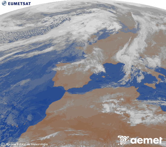 Imagen de la zona de Europa y Norte de �frica del canal infrarrojo del sat�lite Meteosat operacional en 0�N 0�W, procesada para darle color.&nbsp;jeudi, 12 mars  2026 06:00