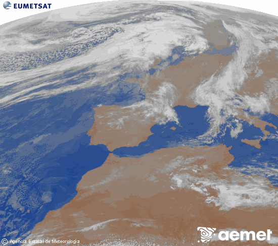 Imagen de la zona de Europa y Norte de �frica del canal infrarrojo del sat�lite Meteosat operacional en 0�N 0�W, procesada para darle color.&nbsp;jeudi, 12 mars  2026 07:00
