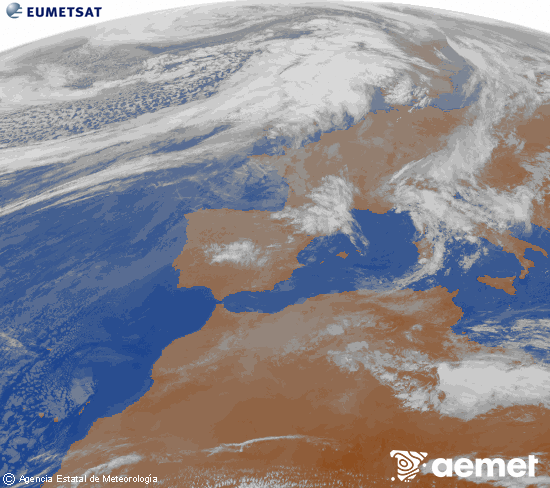 Imagen de la zona de Europa y Norte de �frica del canal infrarrojo del sat�lite Meteosat operacional en 0�N 0�W, procesada para darle color.&nbsp;jeudi, 12 mars  2026 09:00