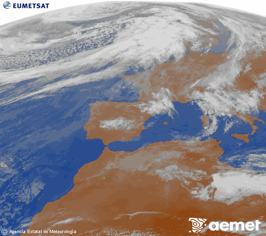 Imagen de la zona de Europa y Norte de �frica del canal infrarrojo del sat�lite Meteosat operacional en 0�N 0�W, procesada para darle color.&nbsp;jeudi, 12 mars  2026 10:00