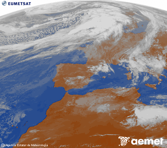 Imagen de la zona de Europa y Norte de �frica del canal infrarrojo del sat�lite Meteosat operacional en 0�N 0�W, procesada para darle color.&nbsp;jeudi, 12 mars  2026 12:00