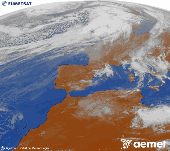 Imagen de la zona de Europa y Norte de �frica del canal infrarrojo del sat�lite Meteosat operacional en 0�N 0�W, procesada para darle color.&nbsp;jeudi, 12 mars  2026 14:00