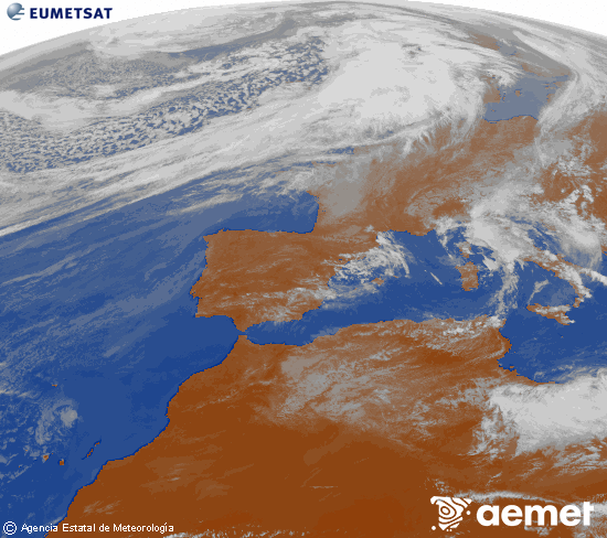 Imagen de la zona de Europa y Norte de �frica del canal infrarrojo del sat�lite Meteosat operacional en 0�N 0�W, procesada para darle color.&nbsp;jeudi, 12 mars  2026 15:00