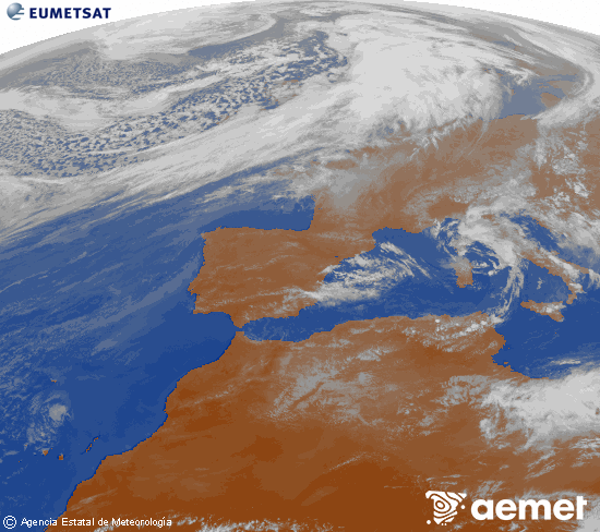 Imagen de la zona de Europa y Norte de �frica del canal infrarrojo del sat�lite Meteosat operacional en 0�N 0�W, procesada para darle color.&nbsp;jueves, 12 marzo 2026 a las 17:00