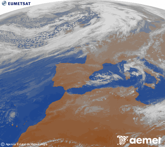 Imagen de la zona de Europa y Norte de �frica del canal infrarrojo del sat�lite Meteosat operacional en 0�N 0�W, procesada para darle color.&nbsp;jueves, 12 marzo 2026 a las 19:00