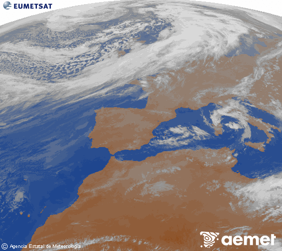 Imagen de la zona de Europa y Norte de �frica del canal infrarrojo del sat�lite Meteosat operacional en 0�N 0�W, procesada para darle color.&nbsp;jueves, 12 marzo 2026 a las 20:00