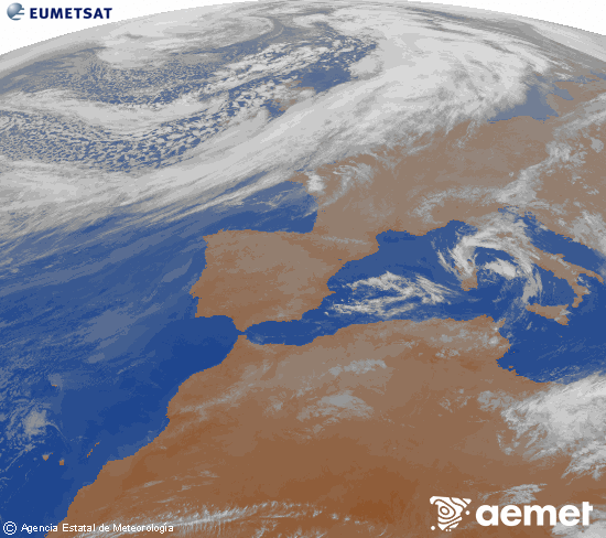 Imagen de la zona de Europa y Norte de �frica del canal infrarrojo del sat�lite Meteosat operacional en 0�N 0�W, procesada para darle color.&nbsp;jueves, 12 marzo 2026 a las 21:00