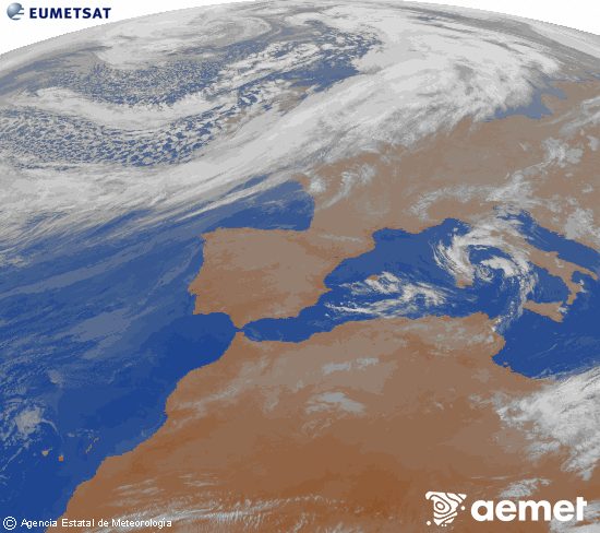 Imagen de la zona de Europa y Norte de �frica del canal infrarrojo del sat�lite Meteosat operacional en 0�N 0�W, procesada para darle color.&nbsp;jueves, 12 marzo 2026 a las 22:00