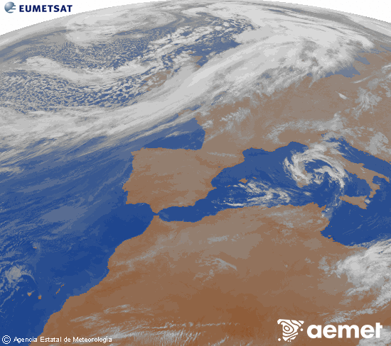 Imagen de la zona de Europa y Norte de �frica del canal infrarrojo del sat�lite Meteosat operacional en 0�N 0�W, procesada para darle color.&nbsp;jueves, 12 marzo 2026 a las 23:00