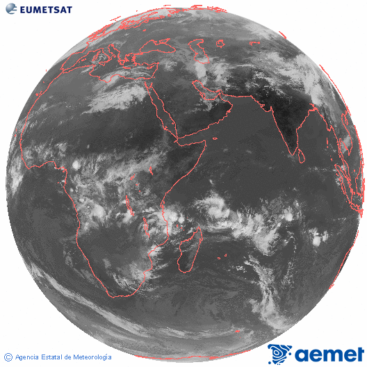 Oc�ano �ndico. Imaxe global da canle infravermella (10.8&mu;m) de Meteosat, pertencente � serie MSX (Meteosat Segunda Xeraci�n) e situado en 41.5°E.&nbsp;venres, 13 marzo  2026 07:00