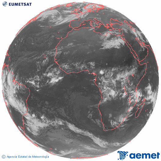 Imaxe global da canle infravermella (10.8 &mu;m) do sat�lite  Meteosat, pertencente � serie MSX (Meteosat Segunda Xeraci�n) e situado en 0�N 0�E.&nbsp;venres, 13 marzo  2026 07:00