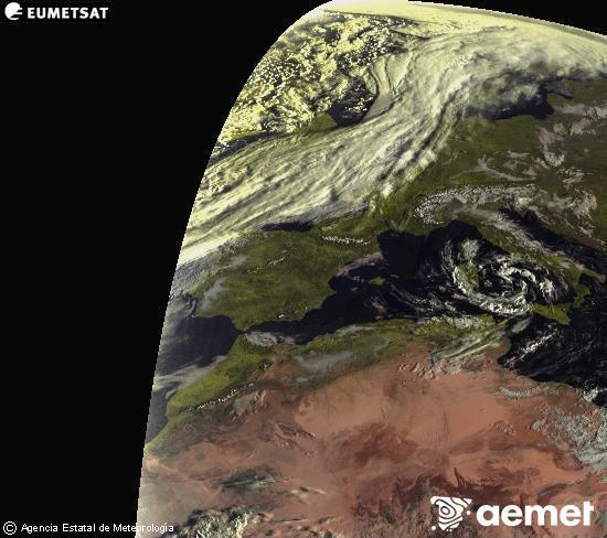 Esta imagen se genera utilizando informaci�n de los canales visibles del sat�lite METEOSAT perteneciente a la segunda generaci�n de sat�lites Meteosat (MSG). Por ese motivo, s�lo hay informaci�n en la zona iluminada por el sol. Adem�s, los canales han sido normalizados para que el brillo no dependa de la posici�n del sol.&nbsp;Friday, 13 March  2026 08:00