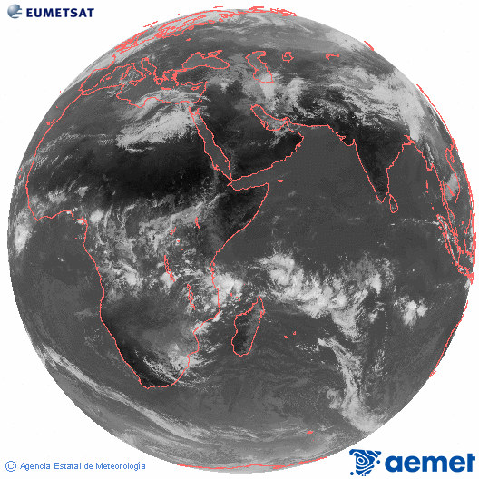 Oc�ano �ndico. Imaxe global da canle infravermella (10.8&mu;m) de Meteosat, pertencente � serie MSX (Meteosat Segunda Xeraci�n) e situado en 41.5°E.&nbsp;venres, 13 marzo  2026 10:00