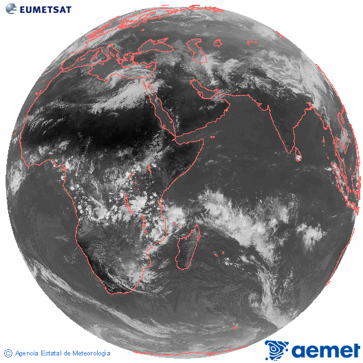 Oc�ano �ndico. Imaxe global da canle infravermella (10.8&mu;m) de Meteosat, pertencente � serie MSX (Meteosat Segunda Xeraci�n) e situado en 41.5°E.&nbsp;venres, 13 marzo  2026 13:00
