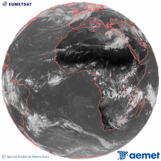 Imaxe global da canle infravermella (10.8 &mu;m) do sat�lite  Meteosat, pertencente � serie MSX (Meteosat Segunda Xeraci�n) e situado en 0�N 0�E.&nbsp;venres, 13 marzo  2026 13:00