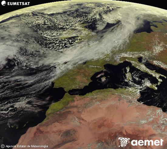Esta imagen se genera utilizando informaci�n de los canales visibles del sat�lite METEOSAT perteneciente a la segunda generaci�n de sat�lites Meteosat (MSG). Por ese motivo, s�lo hay informaci�n en la zona iluminada por el sol. Adem�s, los canales han sido normalizados para que el brillo no dependa de la posici�n del sol.&nbsp;Friday, 13 March  2026 14:00