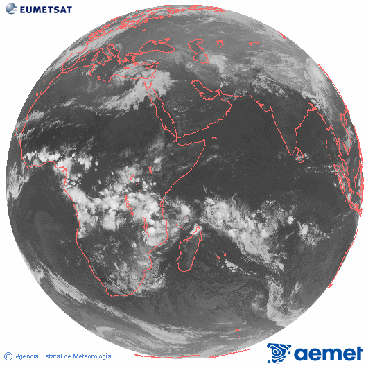Oc�ano �ndico. Imaxe global da canle infravermella (10.8&mu;m) de Meteosat, pertencente � serie MSX (Meteosat Segunda Xeraci�n) e situado en 41.5°E.&nbsp;venres, 13 marzo  2026 19:00