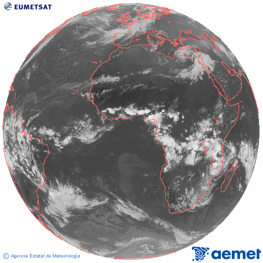 Imaxe global da canle infravermella (10.8 &mu;m) do sat�lite  Meteosat, pertencente � serie MSX (Meteosat Segunda Xeraci�n) e situado en 0�N 0�E.&nbsp;venres, 13 marzo  2026 19:00