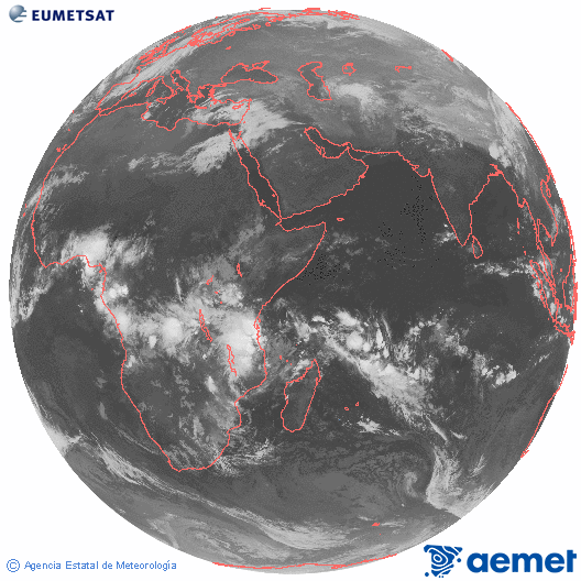 Oc�ano �ndico. Imaxe global da canle infravermella (10.8&mu;m) de Meteosat, pertencente � serie MSX (Meteosat Segunda Xeraci�n) e situado en 41.5°E.&nbsp;s�bado , 14 marzo  2026 01:00