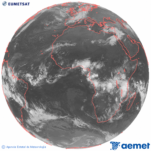 Imaxe global da canle infravermella (10.8 &mu;m) do sat�lite  Meteosat, pertencente � serie MSX (Meteosat Segunda Xeraci�n) e situado en 0�N 0�E.&nbsp;s�bado , 14 marzo  2026 01:00