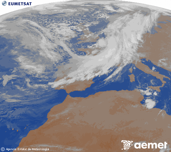 Imaxe da zona de Europa e Norte de �frica da canle infravermella do sat�lite Meteosat operacional en 0�N 0�W, procesada para darlle cor.&nbsp;s�bado , 14 marzo  2026 02:00