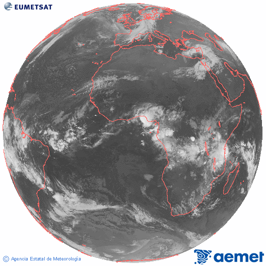 Imaxe global da canle infravermella (10.8 &mu;m) do sat�lite  Meteosat, pertencente � serie MSX (Meteosat Segunda Xeraci�n) e situado en 0�N 0�E.&nbsp;s�bado , 14 marzo  2026 04:00