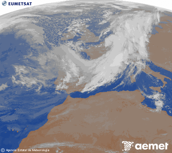 Imaxe da zona de Europa e Norte de �frica da canle infravermella do sat�lite Meteosat operacional en 0�N 0�W, procesada para darlle cor.&nbsp;s�bado , 14 marzo  2026 07:00