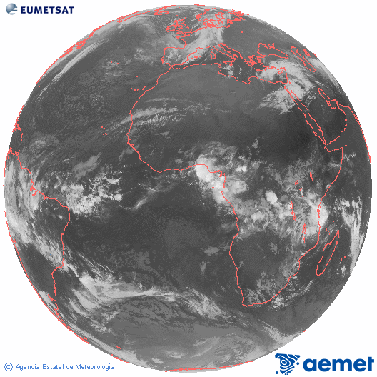 Imagen global del canal infrarrojo (10.8 &mu;m) del sat�lite Meteosat, perteneciente a la serie MSG (Meteosat Segunda Generaci�n) y situado en 0�N 0�E.&nbsp;s�bado, 14 marzo 2026 a las 07:00