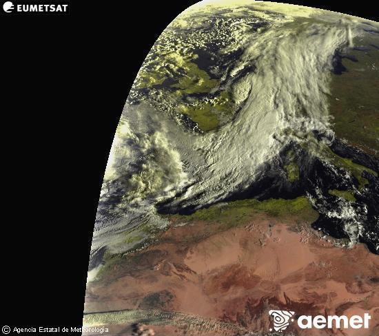 Esta imagen se genera utilizando informaci�n de los canales visibles del sat�lite METEOSAT perteneciente a la segunda generaci�n de sat�lites Meteosat (MSG). Por ese motivo, s�lo hay informaci�n en la zona iluminada por el sol. Adem�s, los canales han sido normalizados para que el brillo no dependa de la posici�n del sol.&nbsp;larunbata, 2026ko martxoak 14, ordua: 08:00