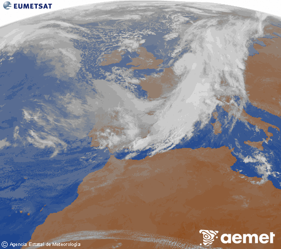 Imatge de la zona d'Europa i Nord d'�frica del canal infraroig del sat�l�lit Meteosat operacional en 0�N 0�W, processada per a donar-li color.&nbsp;dissabte, 14 de mar�  2026 09:00
