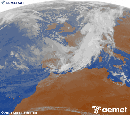 Imatge de la zona d'Europa i Nord d'�frica del canal infraroig del sat�l�lit Meteosat operacional en 0�N 0�W, processada per a donar-li color.&nbsp;dissabte, 14 de mar�  2026 10:00