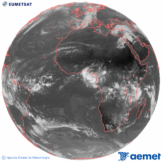 Imagen global del canal infrarrojo (10.8 &mu;m) del sat�lite Meteosat, perteneciente a la serie MSG (Meteosat Segunda Generaci�n) y situado en 0�N 0�E.&nbsp;s�bado, 14 marzo 2026 a las 10:00