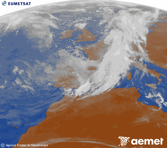 Imatge de la zona d'Europa i Nord d'�frica del canal infraroig del sat�l�lit Meteosat operacional en 0�N 0�W, processada per a donar-li color.&nbsp;dissabte, 14 de mar�  2026 11:00