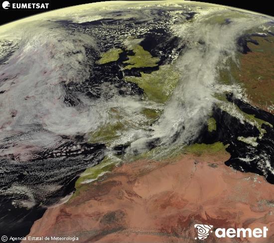 Esta imagen se genera utilizando informaci�n de los canales visibles del sat�lite METEOSAT perteneciente a la segunda generaci�n de sat�lites Meteosat (MSG). Por ese motivo, s�lo hay informaci�n en la zona iluminada por el sol. Adem�s, los canales han sido normalizados para que el brillo no dependa de la posici�n del sol.&nbsp;larunbata, 2026ko martxoak 14, ordua: 12:00