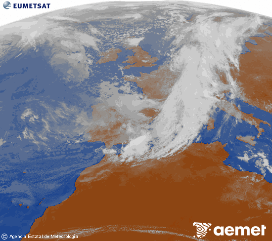 Imatge de la zona d'Europa i Nord d'�frica del canal infraroig del sat�l�lit Meteosat operacional en 0�N 0�W, processada per a donar-li color.&nbsp;dissabte, 14 de mar�  2026 12:00