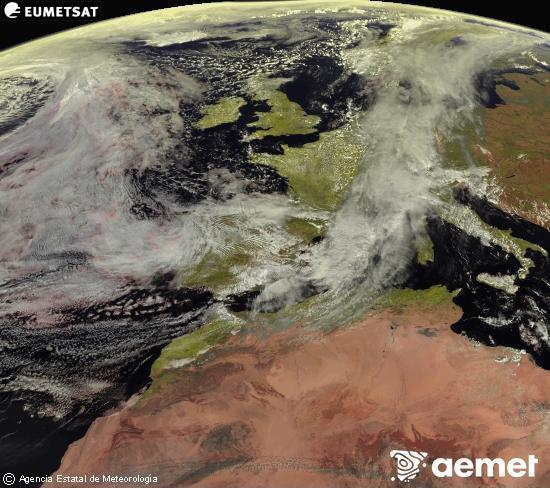 Esta imagen se genera utilizando informaci�n de los canales visibles del sat�lite METEOSAT perteneciente a la segunda generaci�n de sat�lites Meteosat (MSG). Por ese motivo, s�lo hay informaci�n en la zona iluminada por el sol. Adem�s, los canales han sido normalizados para que el brillo no dependa de la posici�n del sol.&nbsp;larunbata, 2026ko martxoak 14, ordua: 13:00