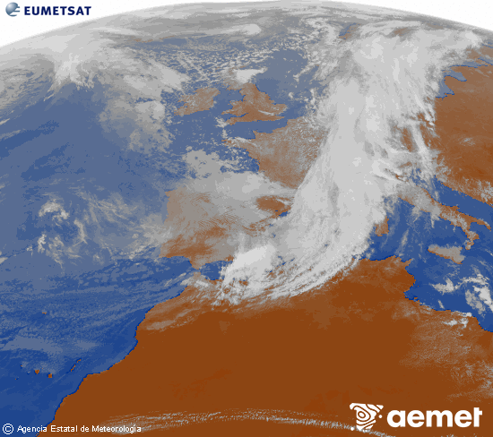 Imatge de la zona d'Europa i Nord d'�frica del canal infraroig del sat�l�lit Meteosat operacional en 0�N 0�W, processada per a donar-li color.&nbsp;dissabte, 14 de mar�  2026 13:00