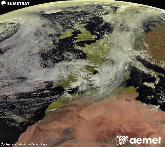 Esta imagen se genera utilizando informaci�n de los canales visibles del sat�lite METEOSAT perteneciente a la segunda generaci�n de sat�lites Meteosat (MSG). Por ese motivo, s�lo hay informaci�n en la zona iluminada por el sol. Adem�s, los canales han sido normalizados para que el brillo no dependa de la posici�n del sol.&nbsp;larunbata, 2026ko martxoak 14, ordua: 14:00