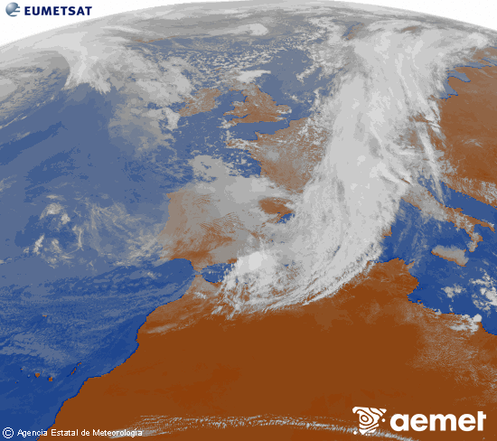 Imatge de la zona d'Europa i Nord d'�frica del canal infraroig del sat�l�lit Meteosat operacional en 0�N 0�W, processada per a donar-li color.&nbsp;dissabte, 14 de mar�  2026 14:00