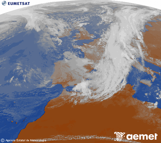 Imatge de la zona d'Europa i Nord d'�frica del canal infraroig del sat�l�lit Meteosat operacional en 0�N 0�W, processada per a donar-li color.&nbsp;dissabte, 14 de mar�  2026 15:00