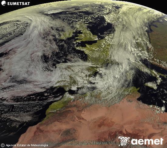 Esta imagen se genera utilizando informaci�n de los canales visibles del sat�lite METEOSAT perteneciente a la segunda generaci�n de sat�lites Meteosat (MSG). Por ese motivo, s�lo hay informaci�n en la zona iluminada por el sol. Adem�s, los canales han sido normalizados para que el brillo no dependa de la posici�n del sol.&nbsp;larunbata, 2026ko martxoak 14, ordua: 16:00