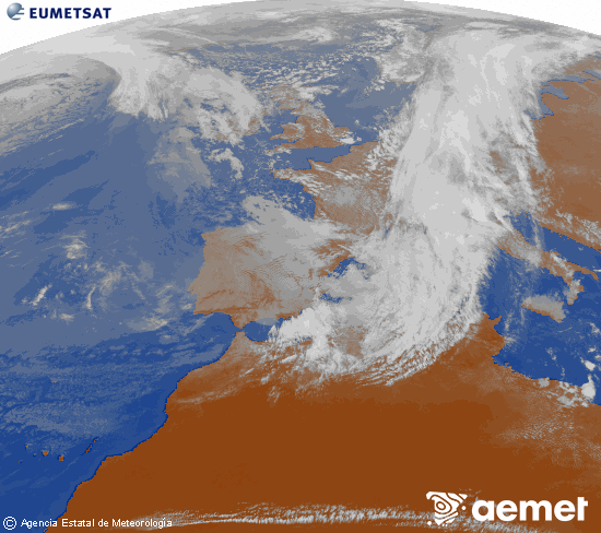 Imatge de la zona d'Europa i Nord d'�frica del canal infraroig del sat�l�lit Meteosat operacional en 0�N 0�W, processada per a donar-li color.&nbsp;dissabte, 14 de mar�  2026 16:00