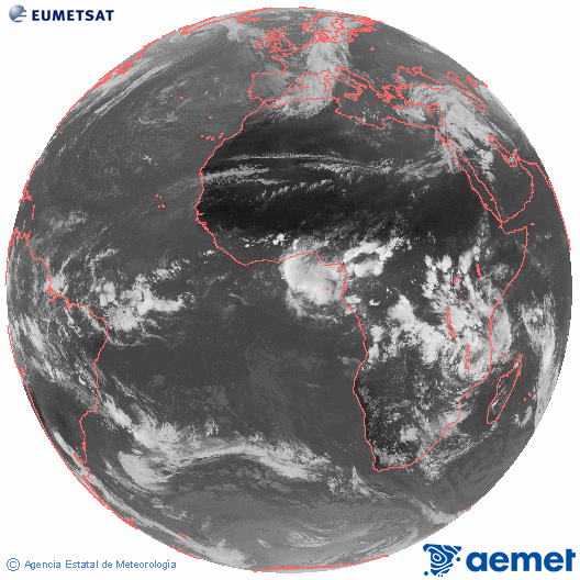 Imagen global del canal infrarrojo (10.8 &mu;m) del sat�lite Meteosat, perteneciente a la serie MSG (Meteosat Segunda Generaci�n) y situado en 0�N 0�E.&nbsp;s�bado, 14 marzo 2026 a las 16:00